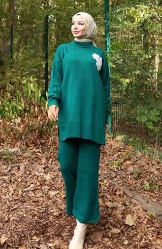 Triko Boncuk İşlemeli Tunik Pantolon İkili Takım 1021-07 Petrol