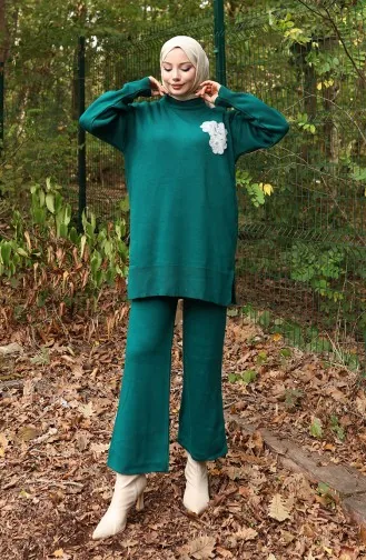 Triko Boncuk İşlemeli Tunik Pantolon İkili Takım 1021-07 Petrol