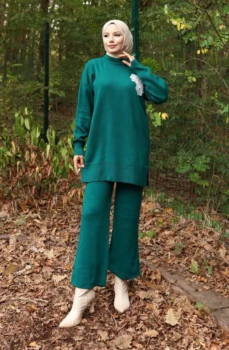 Triko Boncuk İşlemeli Tunik Pantolon İkili Takım 1021-07 Petrol