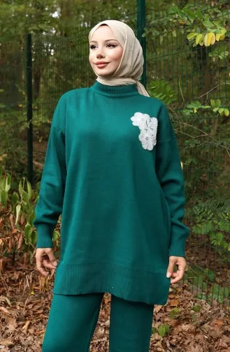 Triko Boncuk İşlemeli Tunik Pantolon İkili Takım 1021-07 Petrol