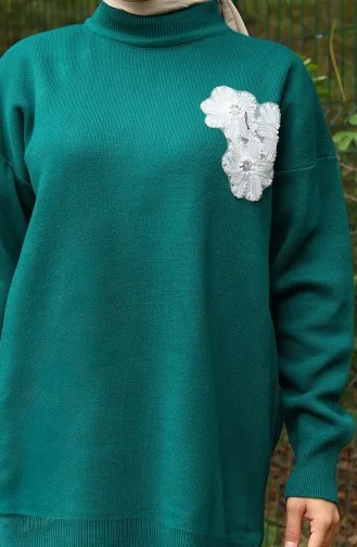 Triko Boncuk İşlemeli Tunik Pantolon İkili Takım 1021-07 Petrol