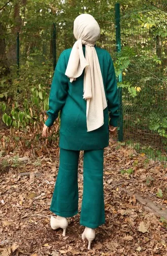 Triko Boncuk İşlemeli Tunik Pantolon İkili Takım 1021-07 Petrol