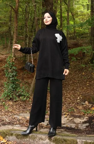 Ensemble Deux Pièces Tunique Et Pantalon En Tricot Brodé De Perles 1021-08 Noir 1021-08