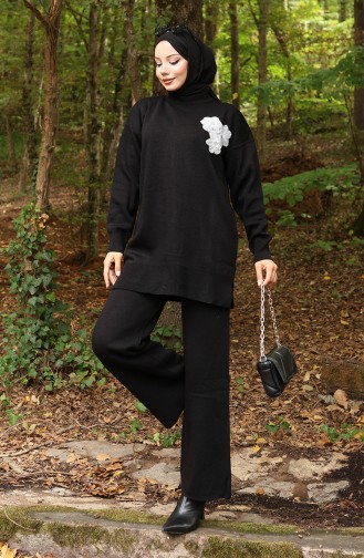 Knitwear Beaded Embroidered Tunic Trousers Two Piece Set 1021-08 Black 1021-08