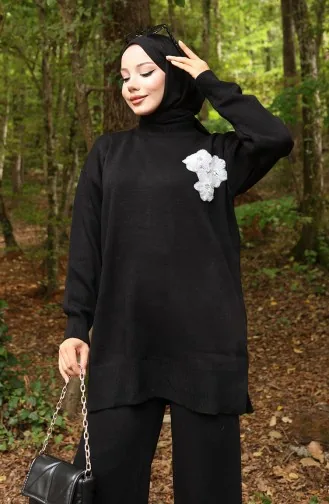 Ensemble Deux Pièces Tunique Et Pantalon En Tricot Brodé De Perles 1021-08 Noir 1021-08