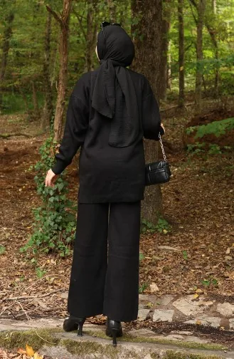 Ensemble Deux Pièces Tunique Et Pantalon En Tricot Brodé De Perles 1021-08 Noir 1021-08