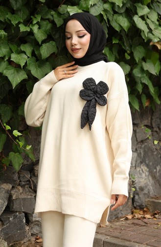 Strickmode Blumen Detail Tunika Hose Zweiteiler 1028-01 Beige 1028-01