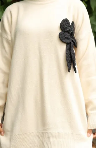 طقم تونيك وبنطلون محبوك بتفاصيل زهور من قطعتين 1028-01 بيج 1028-01