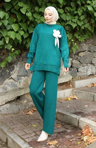 Ensemble Deux Pièces Tunique Et Pantalon à Détails Floraux En Tricot 1028-02 Pétrole 1028-02