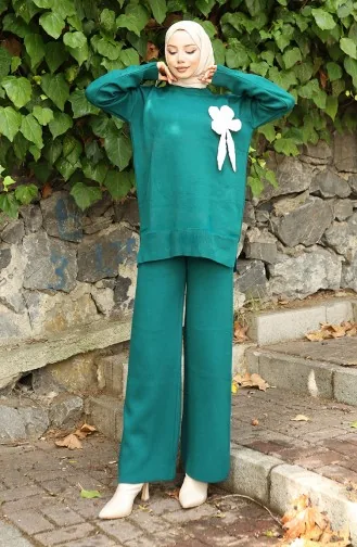 Ensemble Deux Pièces Tunique Et Pantalon à Détails Floraux En Tricot 1028-02 Pétrole 1028-02