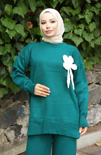 Ensemble Deux Pièces Tunique Et Pantalon à Détails Floraux En Tricot 1028-02 Pétrole 1028-02