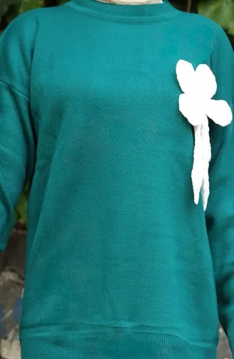 Ensemble Deux Pièces Tunique Et Pantalon à Détails Floraux En Tricot 1028-02 Pétrole 1028-02