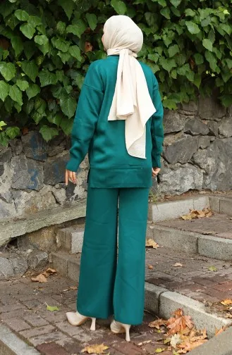 Ensemble Deux Pièces Tunique Et Pantalon à Détails Floraux En Tricot 1028-02 Pétrole 1028-02