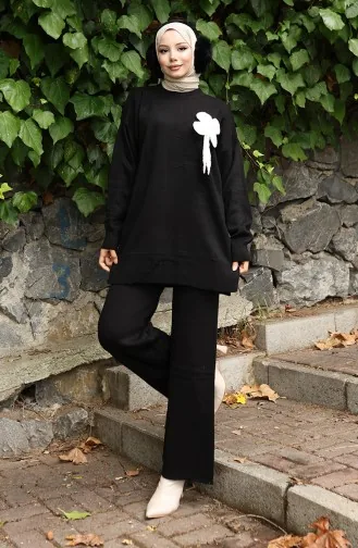Ensemble Deux Pièces Tunique Et Pantalon En Tricot à Détails Floraux 1028-03 Noir 1028-03