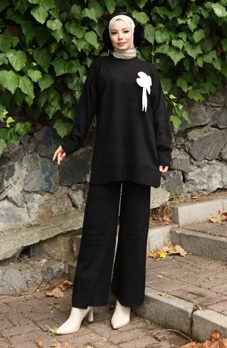 Ensemble Deux Pièces Tunique Et Pantalon En Tricot à Détails Floraux 1028-03 Noir 1028-03