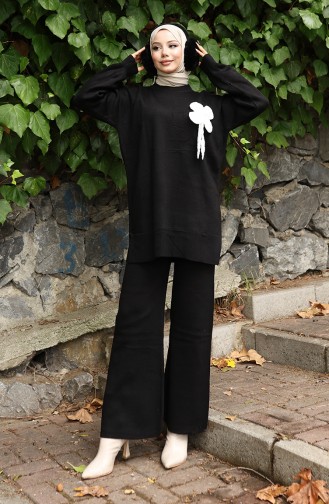 Knitwear Floral Detailed Tunic Trousers Two Piece Set 1028-03 Black 1028-03