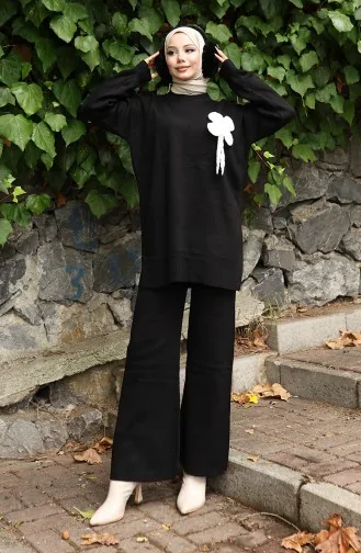 Ensemble Deux Pièces Tunique Et Pantalon En Tricot à Détails Floraux 1028-03 Noir 1028-03