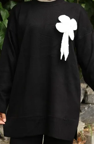 Ensemble Deux Pièces Tunique Et Pantalon En Tricot à Détails Floraux 1028-03 Noir 1028-03