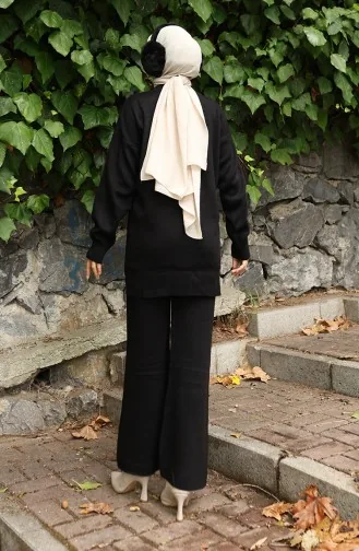 Ensemble Deux Pièces Tunique Et Pantalon En Tricot à Détails Floraux 1028-03 Noir 1028-03