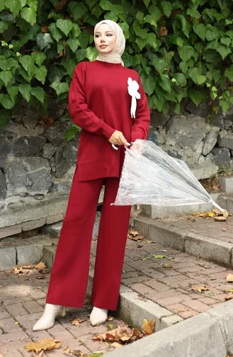 Ensemble Deux Pièces En Tricot Tunique Et Pantalon à Détails Floraux 1028-04 Bordeaux 1028-04