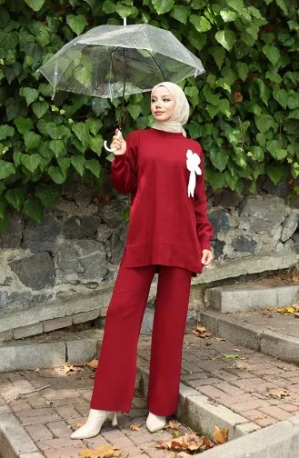 Ensemble Deux Pièces En Tricot Tunique Et Pantalon à Détails Floraux 1028-04 Bordeaux 1028-04