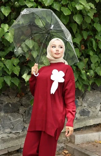 Ensemble Deux Pièces En Tricot Tunique Et Pantalon à Détails Floraux 1028-04 Bordeaux 1028-04