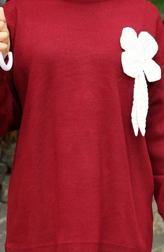 Ensemble Deux Pièces En Tricot Tunique Et Pantalon à Détails Floraux 1028-04 Bordeaux 1028-04