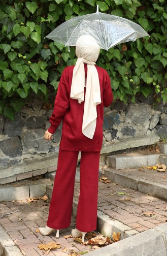 Gebreid Bloemenpatroon Tuniek Broek Tweedelig Pak 1028-04 Bordeauxrood 1028-04