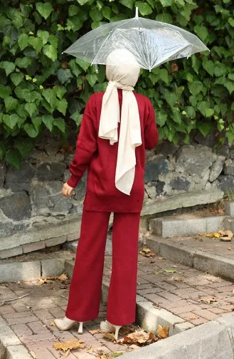 Ensemble Deux Pièces En Tricot Tunique Et Pantalon à Détails Floraux 1028-04 Bordeaux 1028-04