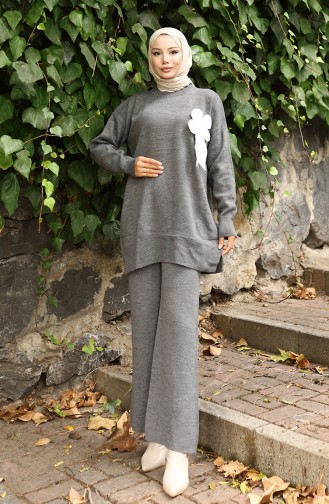 Strickmode Blumen Detail Tunika Hose Zweiteiler 1028-05 Grau 1028-05