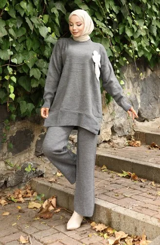 بدلة من قطعتين، بنطال وتونك بتفاصيل زهور، لون رمادي، 1028-05 1028-05