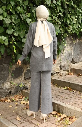 بدلة من قطعتين، بنطال وتونك بتفاصيل زهور، لون رمادي، 1028-05 1028-05