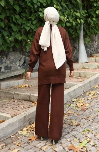 بدلة من قطعتين، بنطال وتونك بتفاصيل زهور، لون بني، رقم 1028-06 1028-06