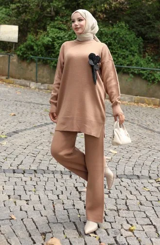 Ensemble Deux Pièces En Tricot Tunique Et Pantalon à Détails Floraux 1028-07 Café Au Lait 1028-07