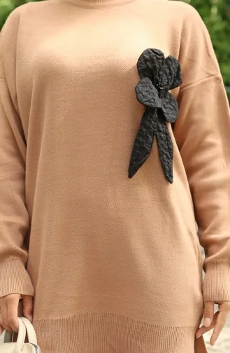 Ensemble Deux Pièces En Tricot Tunique Et Pantalon à Détails Floraux 1028-07 Café Au Lait 1028-07