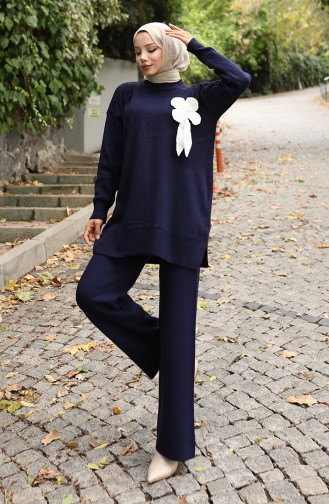 Gebreid Bloemenpatroon Tuniek Broek Tweedelig Pak 1028-08 Marineblauw 1028-08