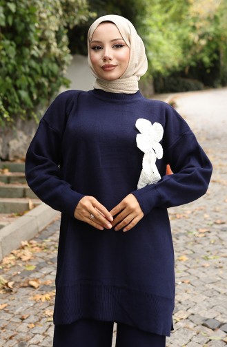 Gebreid Bloemenpatroon Tuniek Broek Tweedelig Pak 1028-08 Marineblauw 1028-08