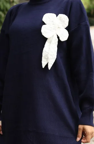 بدلة من قطعتين، بنطال وتونك بتفاصيل زهور، 1028-08 أزرق داكن 1028-08