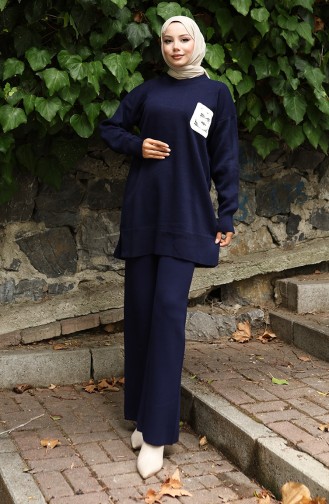 Knitwear Tunic Trousers Two Piece Suit 1029-03 Navy Blue 1029-03