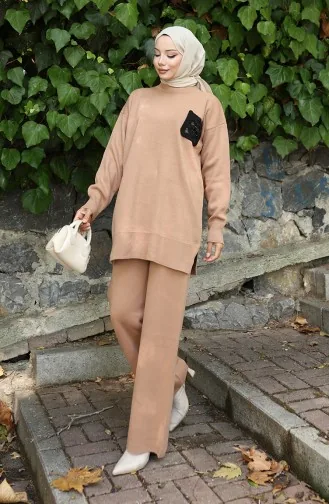 Ensemble Deux Pièces En Tricot Tunique Et Pantalon 1029-07 Café Au Lait 1029-07