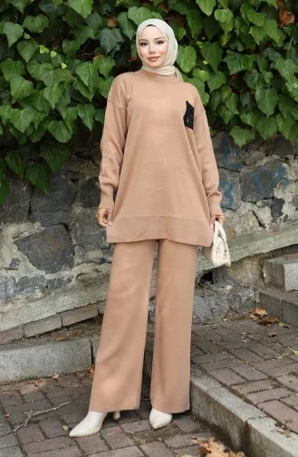 Ensemble Deux Pièces En Tricot Tunique Et Pantalon 1029-07 Café Au Lait 1029-07