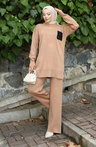Ensemble Deux Pièces En Tricot Tunique Et Pantalon 1029-07 Café Au Lait 1029-07