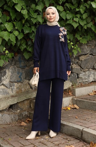 Gebreide Tuniek Met Rozenapplicatie Broek Tweedelig Pak 1036-01 Marineblauw 1036-01
