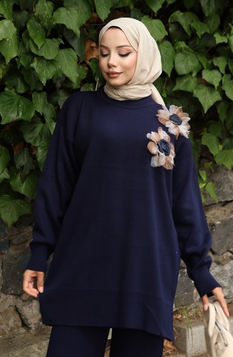 Gebreide Tuniek Met Rozenapplicatie Broek Tweedelig Pak 1036-01 Marineblauw 1036-01