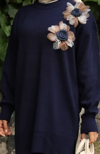 بدلة من قطعتين، بنطال وتونك مزخرف بالورود، لون أزرق داكن، رقم 1036-01 1036-01