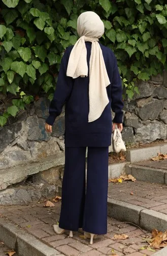 بدلة من قطعتين، بنطال وتونك مزخرف بالورود، لون أزرق داكن، رقم 1036-01 1036-01