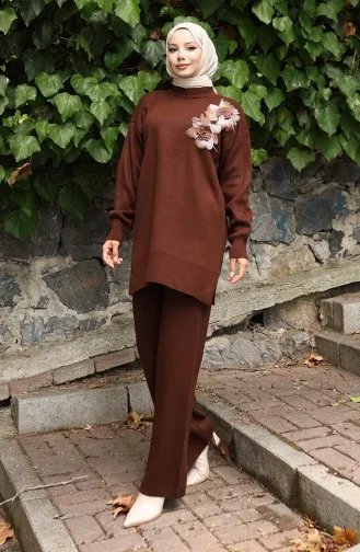 Ensemble Deux Pièces En Tricot Avec Tunique Et Pantalon à Appliqués Roses 1036-02 Marron 1036-02