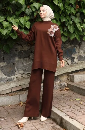 Ensemble Deux Pièces En Tricot Avec Tunique Et Pantalon à Appliqués Roses 1036-02 Marron 1036-02