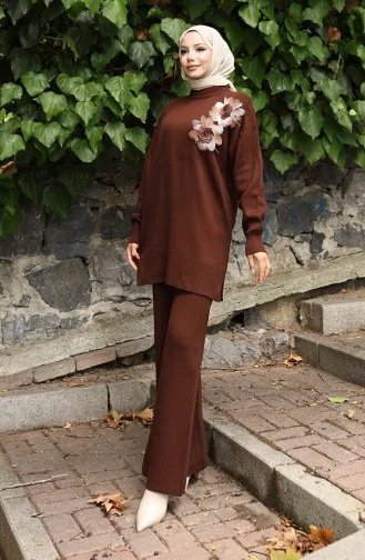 Ensemble Deux Pièces En Tricot Avec Tunique Et Pantalon à Appliqués Roses 1036-02 Marron 1036-02