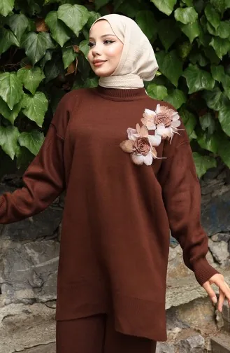 Ensemble Deux Pièces En Tricot Avec Tunique Et Pantalon à Appliqués Roses 1036-02 Marron 1036-02